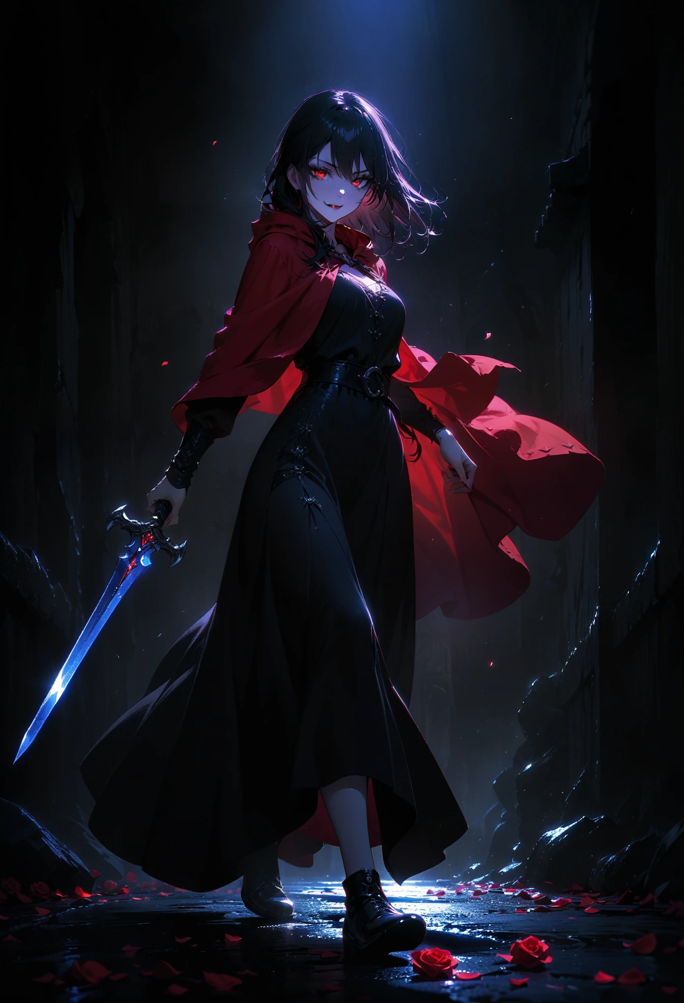 (full body portrait:1.3), 1girl, solo, (holding weapon), (twin sword), (long black hair), detailed face, mischief, smirk, pale white skin, red eyes, (detailed eyes), long eyelashes, black eye liner, red lipstick, black tunic, (red hoodie cloak), long dress, leather glove, (walking pose), walking, moonlight, hard lighting, blue light, cold light, ((rose pedals falling)), (medieval theme), ((masterpiece)), super detailed, best quality, POV, dw01-3400