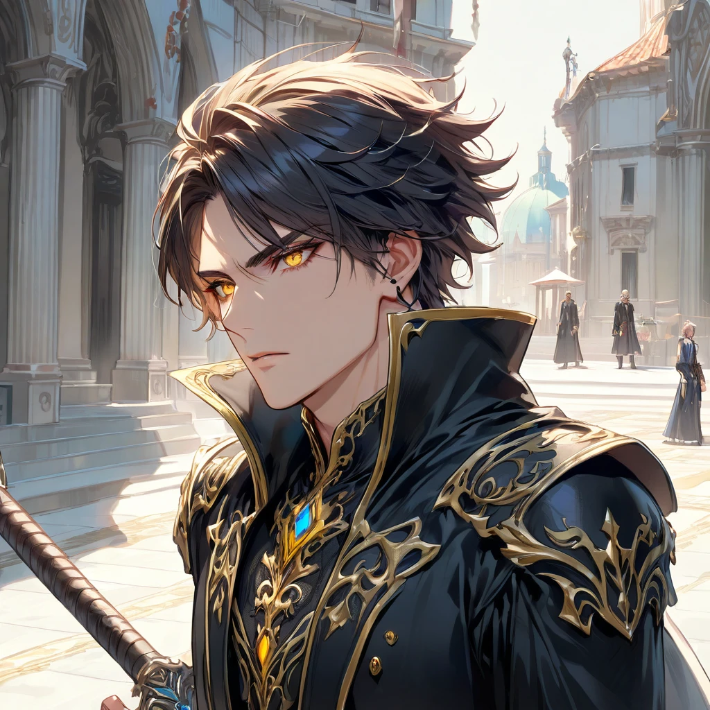 yellow eyes, black coat, rpg style, alone, image from the bust up, man, masculine face.