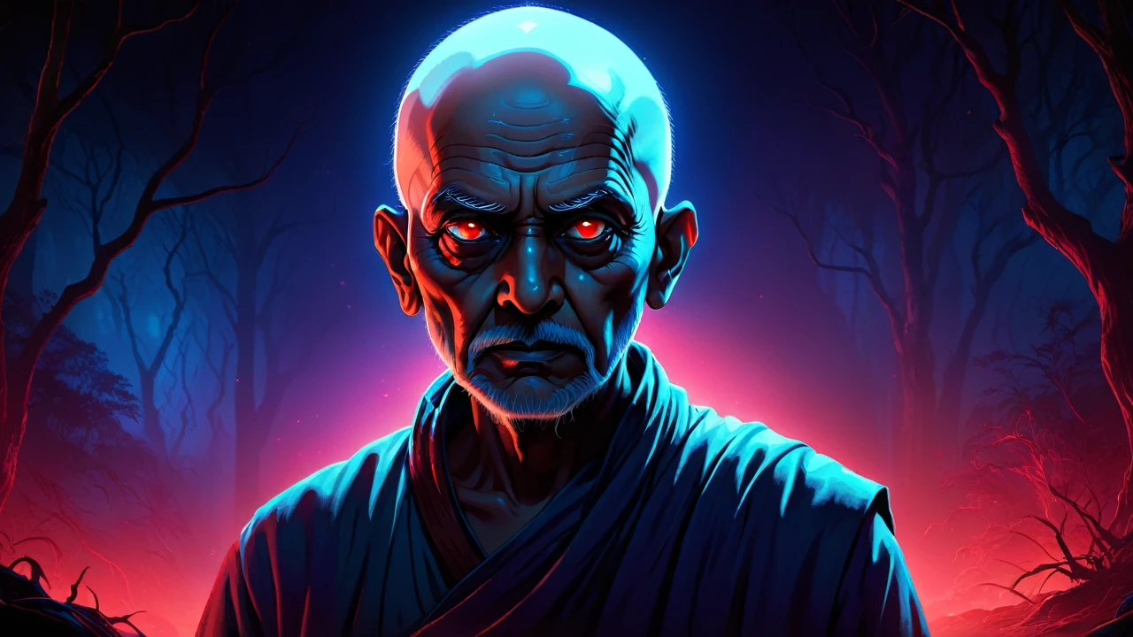 a digital illustration of indian old man with no hair, glowing eyes, red and blue lighting, ghost, horror ambience, thriller,
