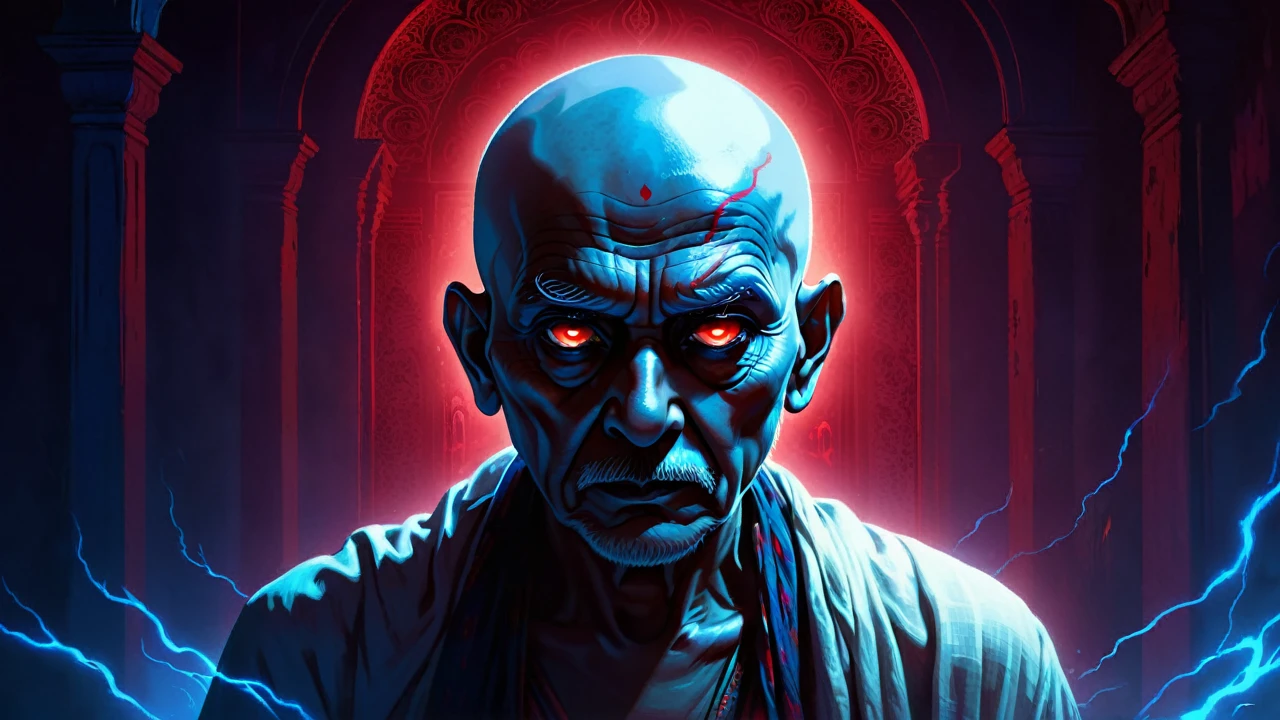 a digital illustration of indian old man with no hair, glowing eyes, red and blue lighting, ghost, horror ambience, thriller,