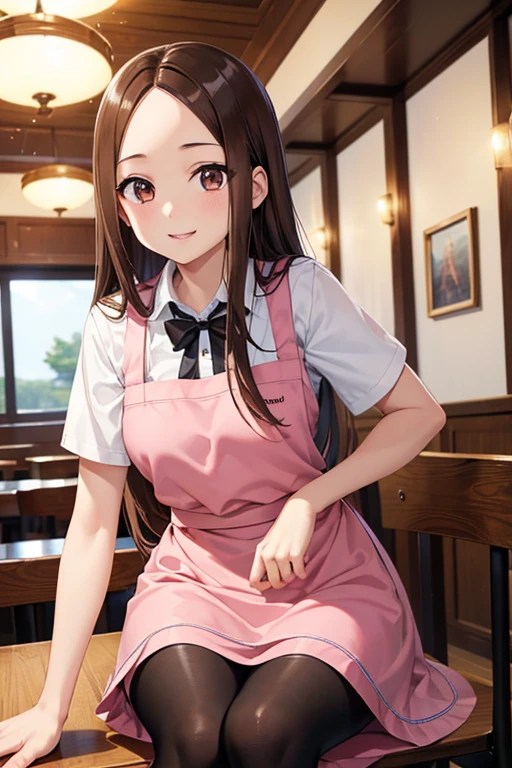 Takagi-san、Shiny brown hair, Long Hair,((Forehead、Center part))、 Beautiful brown eyes、smile、Sparkling eyes, (fine grain)、Very fine eye、Very detailed顔, Very detailed目,
(masterpiece:1.3, Highest quality, 超High resolution, Super detailed), Cowboy Shot、 One woman,Highest quality, masterpiece, High resolution,
Highest quality, Very detailed, figure,
Ticker, alone, waitress, One girl, restaurant, smile, table,
indoor, with own hands, jewelry, Pink Skirt, Pink Apron, pantyhose, Chair,