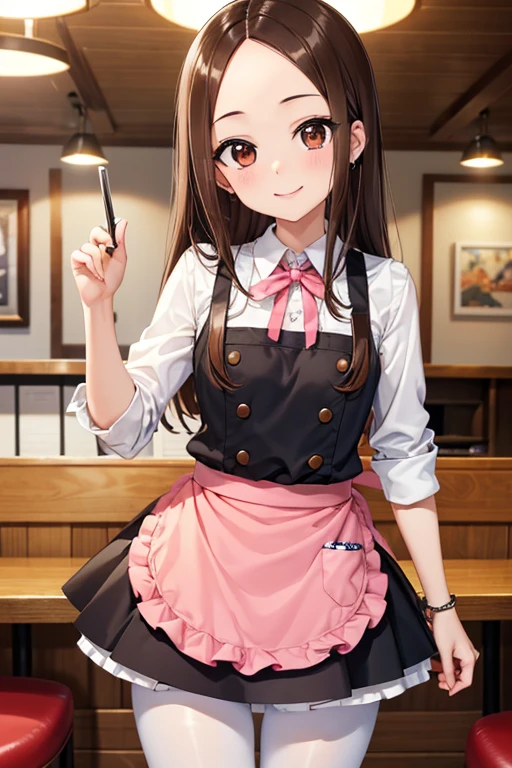 Takagi-san、Shiny brown hair, Long Hair,((Forehead、Center part))、 Beautiful brown eyes、smile、Sparkling eyes, (fine grain)、Very fine eye、Very detailed顔, Very detailed目,
(masterpiece:1.3, Highest quality, 超High resolution, Super detailed), Cowboy Shot、 One woman,Highest quality, masterpiece, High resolution,
Highest quality, Very detailed, figure,
Ticker, alone, waitress, One girl, restaurant, smile, table,
indoor, with own hands, jewelry, Pink Skirt, Pink Apron, pantyhose, Chair,