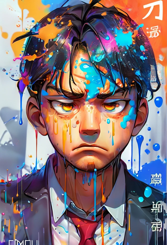 Splash Art, Male, 34 years old（Game Characters、Big eyes、Fullscreen forex chart in background、A 34-year-old man holding his head and feeling irritated、The man is holding his head, In the background is a chart showing the stock market crash.、Ghibli style、）, wonderfulインスタグラム, Art Station, Colorful paint splash style+, Very detailed、Exquisitely crafted down to the last detail, Engine Unreal, wonderful, Details Complexity, Splash screen, Complementary Color, Realistic concept art, 8k resolution, deviantart masterpiece, Oil, Thick brushwork, Paint dripping, Splash Art
