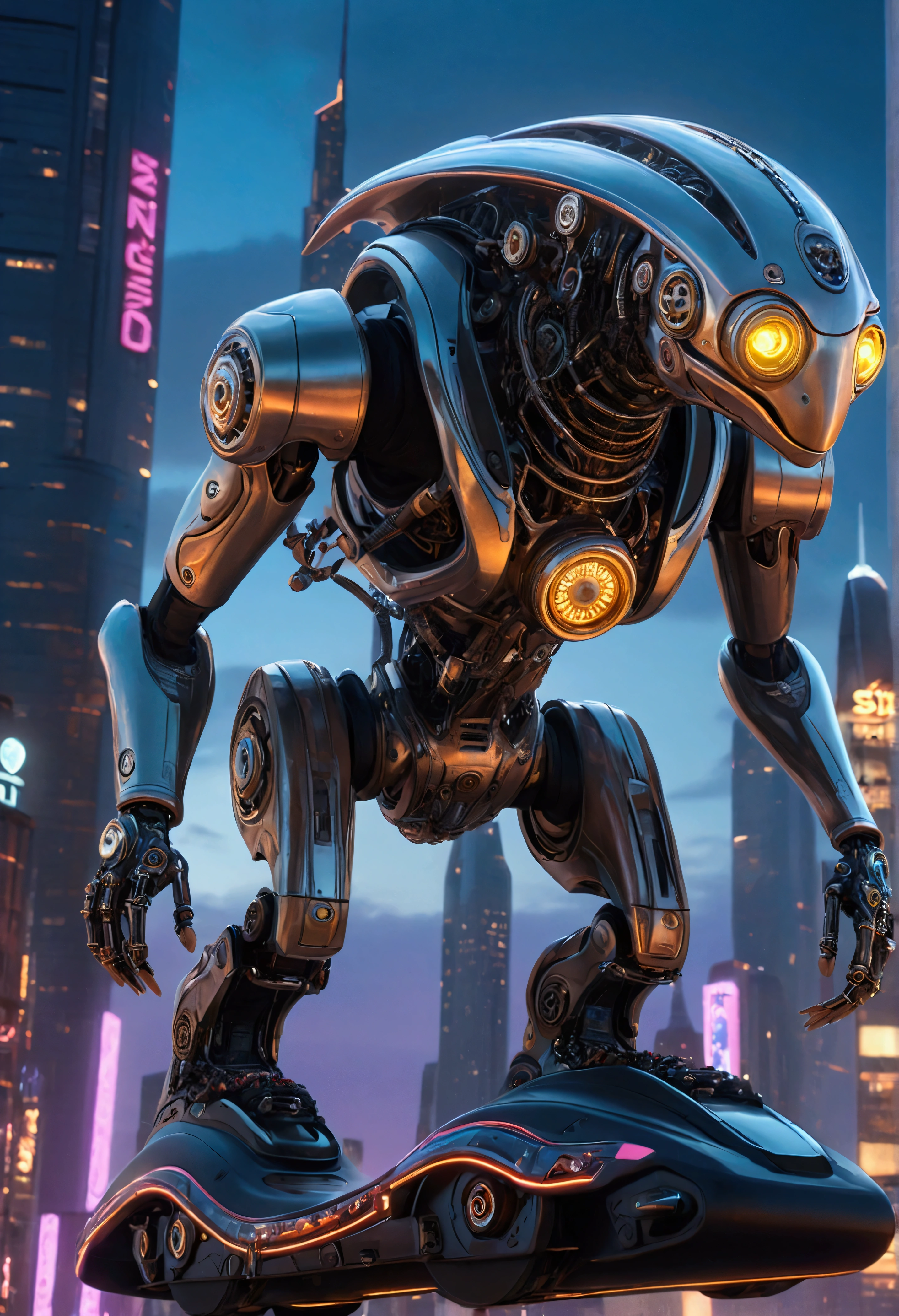 A hyperrealistic, 8k resolution image of a sleek, metallic mechanical creature gliding on glowing rollerblades through a cyberpunk cityscape. The creature has intricate gears and joints, with a silver and chrome body. The city is dominated by towering skyscrapers and vibrant neon lights. A twilight sky with flying drones and holographic advertisements creates a futuristic atmosphere. Focus on detail, steampunk