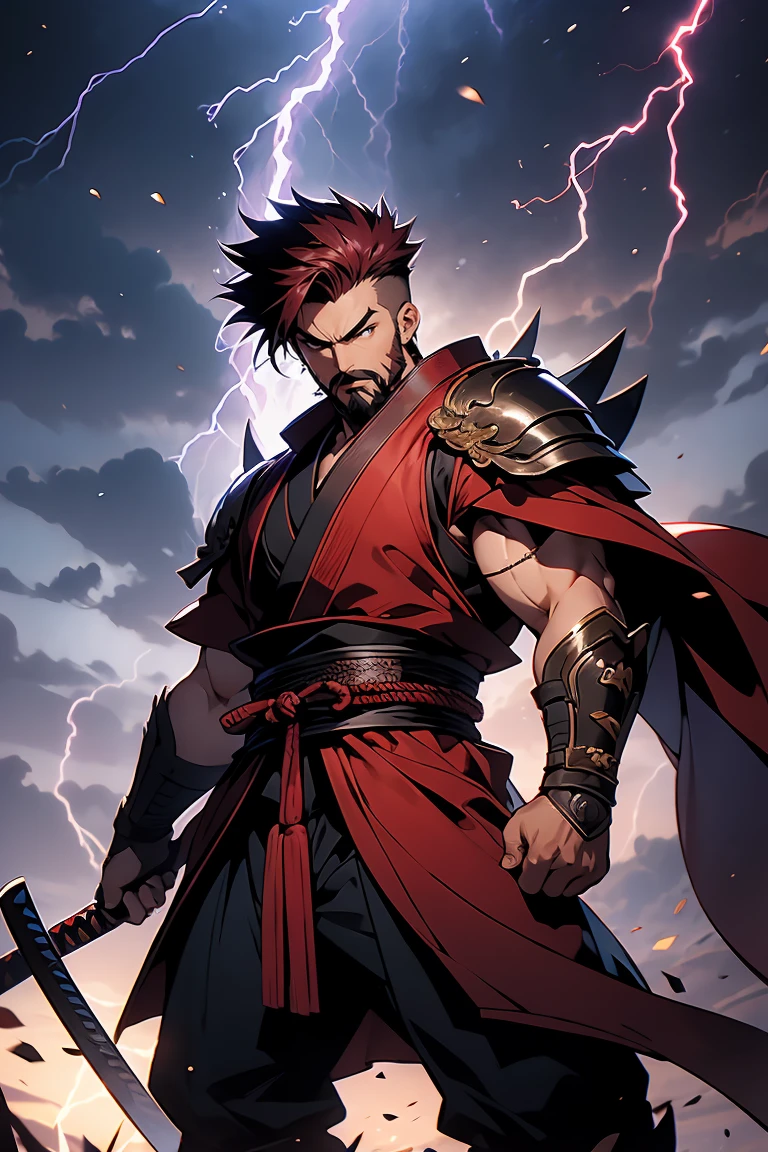 15 year old male, short hair, dark red hair, stubble facial hair, shadow facial hair, muscular arms, one shoulder armor plate, samurai style pants, ninja style boots, ninja armor, electricity, thunder, lightning abilities, sword, purple, grey robes, strong, hero, determined, strong, lightning samurai, attacking, yelling, open mouth, justice, lawful, duty, Lightning, dark red hair, the length of his facial hair is very short, Red Brown eyes, determination, hero, story is about him, strength, martial arts fighter, fighter style stands, samurai sword style says stands. Samurai lightning sword, lightning sword, lightning made out of sword, lightning blade, thunder blade, lightning magic, lightning conjure magic, Short hair, Shorter hair, standing up here, spiky hair, short spiky hair, Slightly wider than average frame, muscles, strength, powerful lightning, maroon colored beard, short hair, shorter than average hair, Slightly monk style samurai style armor, samurai style robes, less armor on body, less amount of armor on his body, Details in the face, his face has to be seen in the picture, you need to be able to see his facial features, anime facial features, dark red hair, maroon hair, length of hair is short, short hair, shorter hair style, in the image the male is a younger man, he has proper technique in weilding a weapon, he has anatomical proportions are accurate to his character