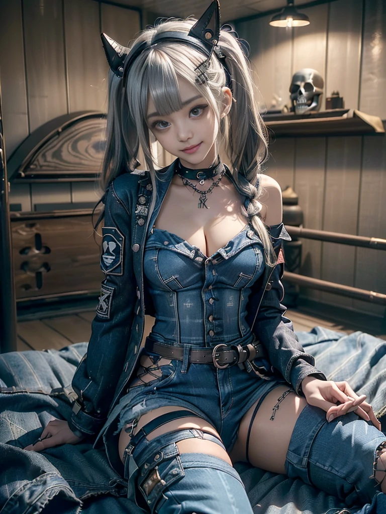 (Three Women,3 girls:1.5)、(Beautiful lips and nose:1.4)、(Long eyelashes:1.4)、(Smiling with teeth showing:1.3),(Shibuya Gal:1.5)、(Gothic ta delicately decorated dress:1.5)、(Tattered denim and black punk rock cargo pants:1.5)、(Denim and black navy skull mark small jacket:1.4)、(denim garter belt:1.5)、(Black and denim knee socks:1.3)、(Skull Silver Accessories:1.5)、(Denim collar:1.3)、(Brown Skin Belt:1.4)、(Brown boots:1.2)、(The underwear is striped:1.4)、31 years old、((Highest quality、In 8K、masterpiece:1.3))、Sharp focus:1.2、(Layered Cut、Huge boobs:1.1),Beautiful woman with perfect figure:1.4、(Dancing vigorously:1.3)、Slender Abs:1.2、Highly detailed face and skin texture、Detailed eyes、double eyelid,(Twin tails:1.3)、(Cream colored hair:1.3)、Gravure idol、(The three of them are posing together:1.3)、(The background is a vast mountain with a clear view々Beautiful luxury resort destination in Europe:1.3)、(Slim Body:1.2),(Make your legs thinner:1.4),(clavicle:1.1)