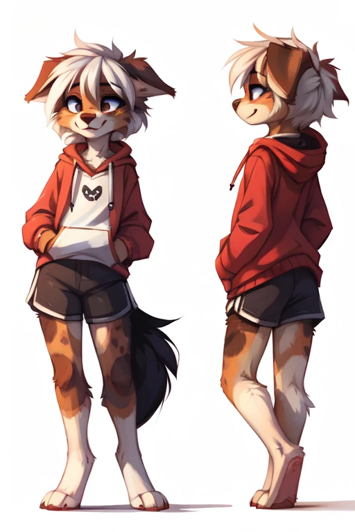 (((White background, no background, multiple views))), High quality, 8K, by kenket, by swaybat, by reysi, by Zackary911, by hyattlen, by teranen, by fumiko, by Pixelsketcher, by Bayard Wu, by Einshelm, by Kilinah, by Hioshiru, by fluff-kevlar, by Dimwitdog, Furry, Anthro, solo, ((australian shepard)), ((female)), ((young)), fluffy tail, slender, ((short white hair)), chest fluff, short, erotic, small breasts, hoodie, track shorts, pony tail, cute, smug, university,