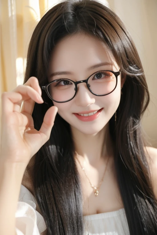 Highest quality、masterpiece、High sensitivity、High resolution、Detailed Description、Slender women、Glasses、With a smile、Throw kiss、