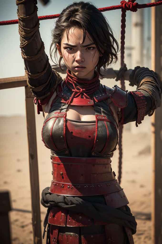 master piece, 8k, high quality, textured skin, perfect eyes, lock at view, a 18-year-old female, captive, ((red samurai armor, bondage, Tied up with rope)), (arms behind back:1.5), ((angry, brush, glare)), (teary-eyed:1.3) , so sweaty, semi nude, tomboy, gallant female, big breasts, short hair, scared on face