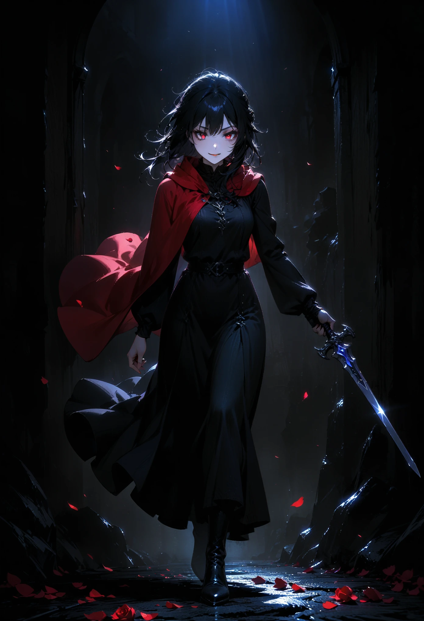 (full body portrait:1.3), 1girl, solo, (holding weapon), (twin sword), (long black hair), detailed face, mischief, smirk, pale white skin, red eyes, (detailed eyes), long eyelashes, black eye liner, red lipstick, black tunic, (red hoodie cloak), long dress, leather glove, (walking pose), walking, moonlight, hard lighting, blue light, cold light, ((rose pedals falling)), (medieval theme), ((masterpiece)), super detailed, best quality, POV, dw01-3400
