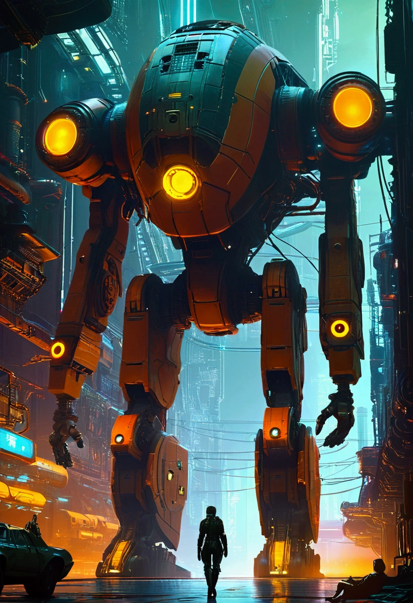 Mechanical Creature, science fiction, futuristic, cyberpunk, by Sparth, cinematic still, chiaroscuro, dynamic, (best quality, masterpiece, photorealistic), very aesthetic, perfect composition, intricate details, ultra-detailed, vivid colors