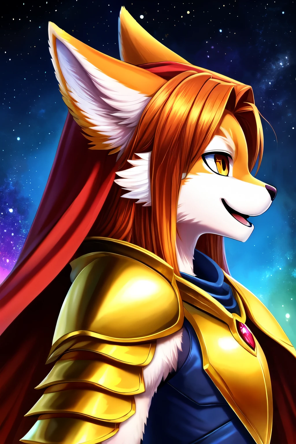 ((best quality)), ((masterpiece)), (detailed), 1boy, gorgeous eyes, good lights, good colors, good composition, monocolor, bicolor, good face, (cute:0.7), smiling with open mouth, happy whole body, vibrant colors, armor, golden acessories, side view, teenager, BREAK, monocolor orange, orange eyes, (monocolor golden gold:1.2), orange long hair, cape, kemono, furry, anthro, rexouium, 1 boy, boy, male,)