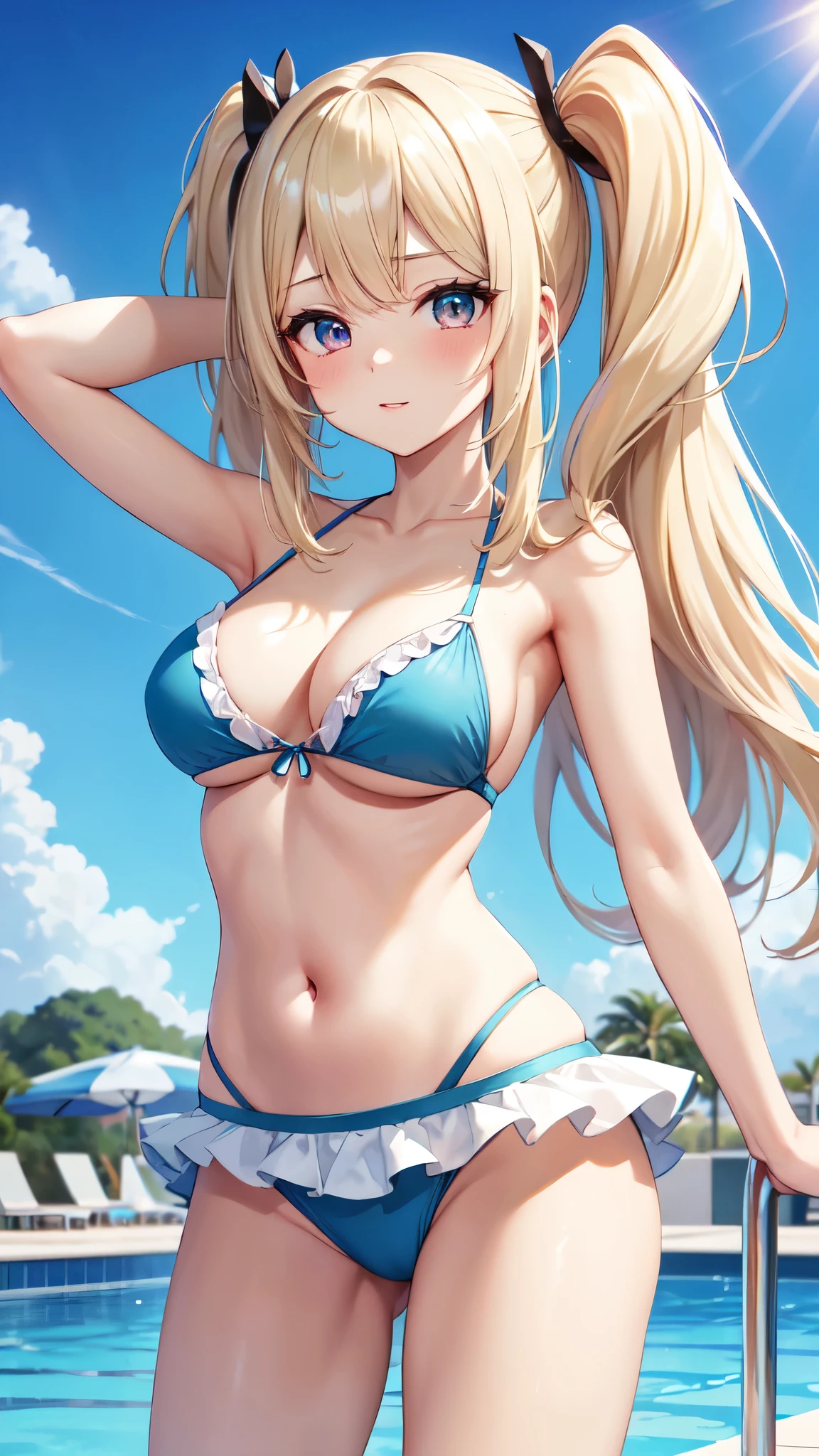 ((Best Quality)), (ultra-detailliert), ((Extremely detailed)), (Beautiful), ((Kawaii Girl)), ((UHD)), (masterpiece), (high quality), (best quality), (4K), (high quality), 1, solo girl, 1girl, ((platinum blond hair)), parted bangs, ((hair intakes)), long hair, (hair two side up long), ((jade colored eyes)), slanted eyes, large breasts, slender body, layered bikini, Pool Background, (blue sky:1.3), solar, sunlight, anime style