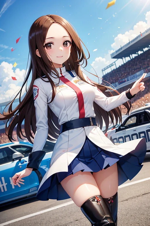 Takagi-san、Shiny brown hair, Long Hair,((Forehead、Center part))、 Beautiful brown eyes、smile、Sparkling eyes, (fine grain)、Very fine eye、Very detailedな顔, Very detailedな目,

Highest quality, Great quality, 16K, Unbelievably absurd, Very detailed, 2.5D, delicate and dynamic, 
blue sky, Confetti, Racing Car, flag, Small face, Very delicate facial expressions, Delicate eye depiction, Very fine hair, Upper body close-up, , The only sexy Japanese woman, Healthy body shape, 22-year-old woman, Race Queen,  Large, firm, swaying bust, Long Hair, Sexy long legs, Glowing Skin, , 派手なRace Queenのコスチューム, Blue tight skirt, White Leather Long Boots, Formula 1, Auto Racing Track