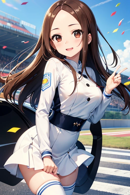 Takagi-san、Shiny brown hair, Long Hair,((Forehead、Center part))、 Beautiful brown eyes、smile、Sparkling eyes, (fine grain)、Very fine eye、Very detailedな顔, Very detailedな目,

Highest quality, Great quality, 16K, Unbelievably absurd, Very detailed, 2.5D, delicate and dynamic, 
blue sky, Confetti, Racing Car, flag, Small face, Very delicate facial expressions, Delicate eye depiction, Very fine hair, Upper body close-up, , The only sexy Japanese woman, Healthy body shape, 22-year-old woman, Race Queen,  Large, firm, swaying bust, Long Hair, Sexy long legs, Glowing Skin, , 派手なRace Queenのコスチューム, Blue tight skirt, White Leather Long Boots, Formula 1, Auto Racing Track