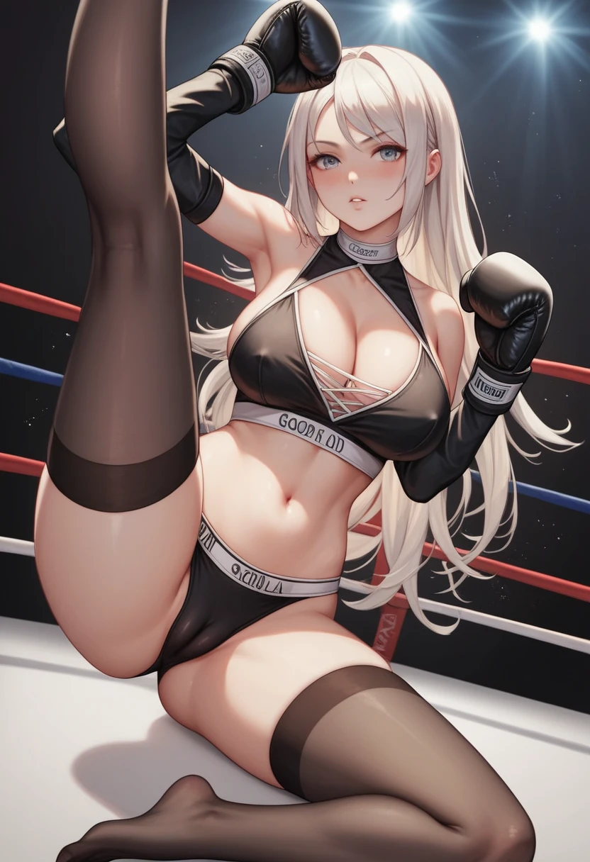 A slim beautiful girl,Good shape,Pretty Face,detailed picture, blush,White long hair,wearing boxing attire,Wearing black suspender stockings,No shoes,Wearing black boxing gloves，Wearing black sleeves,Side kicking your opponent in the boxing ring,Large Breasts,Cleavage,Thin legs,nipple,Camel toe,Sole