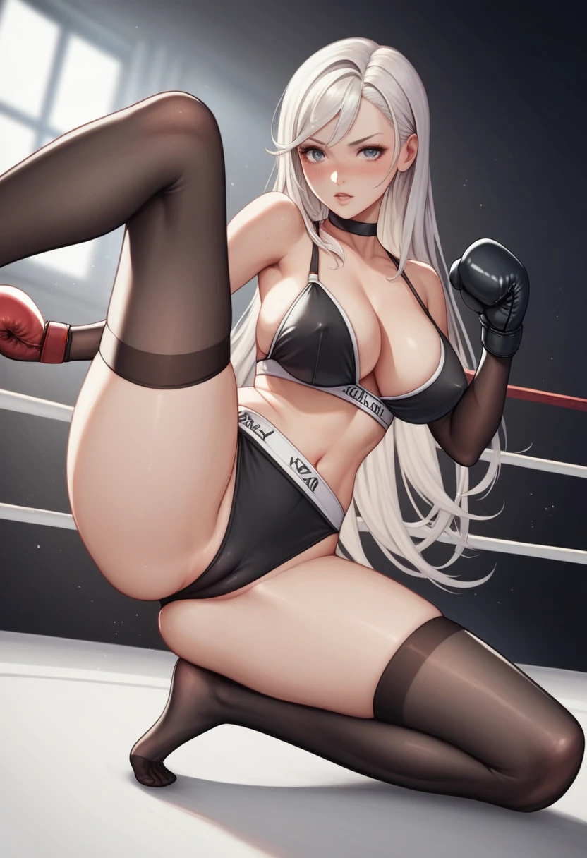 A slim beautiful girl,Good shape,Pretty Face,detailed picture, blush,White long hair,wearing boxing attire,Wearing black suspender stockings,No shoes,Wearing black boxing gloves，Wearing black sleeves,Side kicking your opponent in the boxing ring,Large Breasts,Cleavage,Thin legs,nipple,Camel toe,Sole