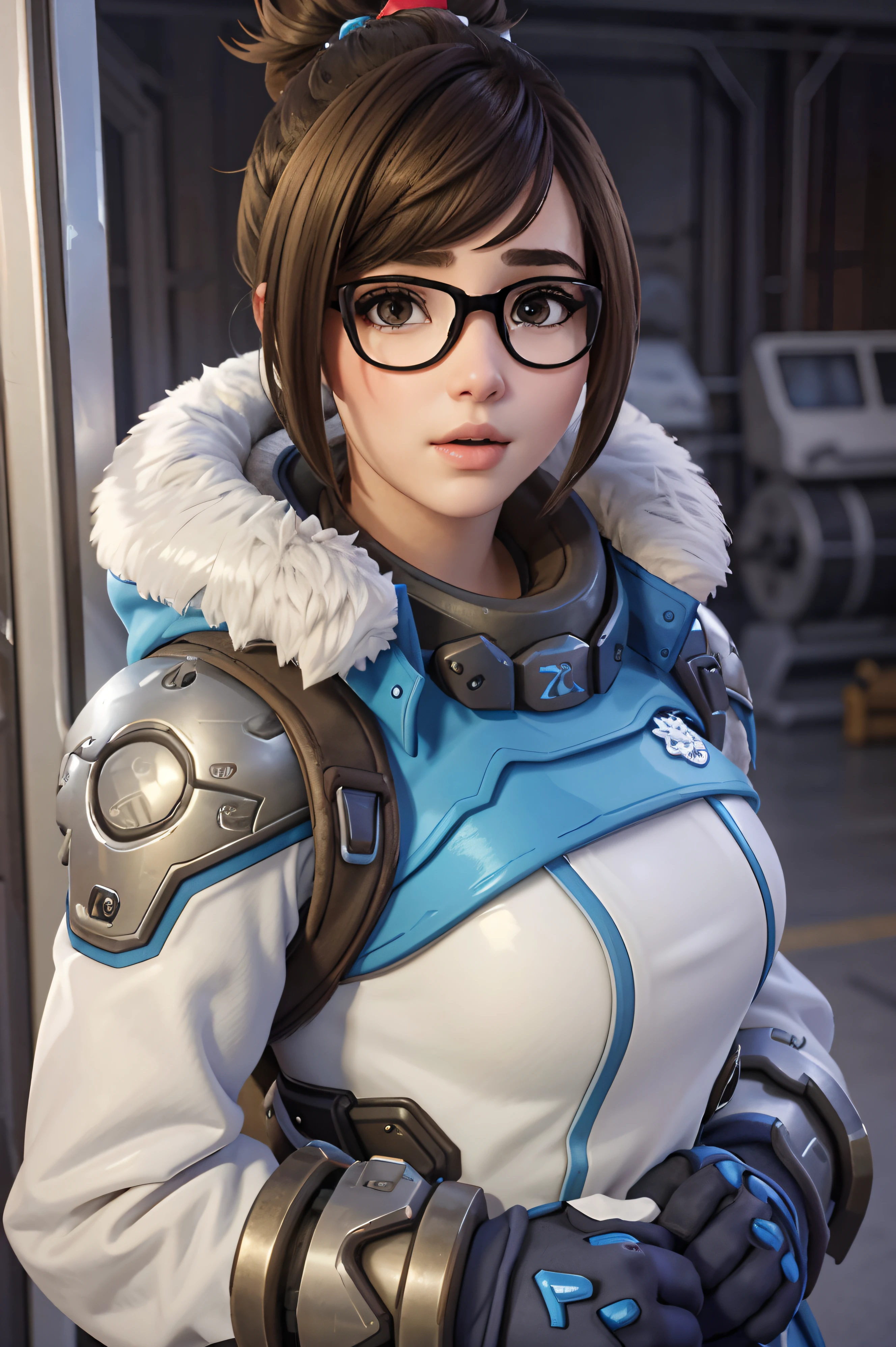 Mayover, 1 girl, and (special attack), 黑框Glasses, brown hair, Glasses, alone, Brown eyes, hair accessories, blue Gloves, Gloves, bun, short hair, Fur trim, coat, single bun, Hair stick, Jacket, Upper Body, Lips, Bangs, winter coat, Winter clothes, nose, Keep your mouth shut, fur-trimmed Jacket, Parka, swept Bangs, actual, fur coat