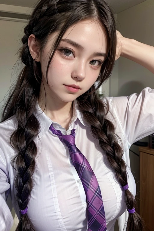 Braided Hair,high school girl,purple plaid tie,white shirt,slender,big breasts