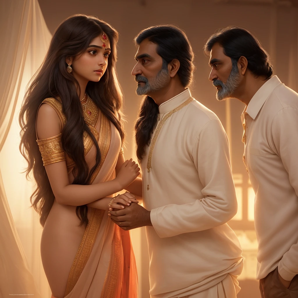 "A realistic image of a beautiful Indian young girl with long brown hair and large expressive eyes, standing close to an adult Indian man. The girl has a serene and romantic expression, highlighting her beauty. They are engaged in a tender, romantic moment, possibly holding hands or looking into each other's eyes, with a background that complements the romantic atmosphere, such as a sunset or a softly lit room."