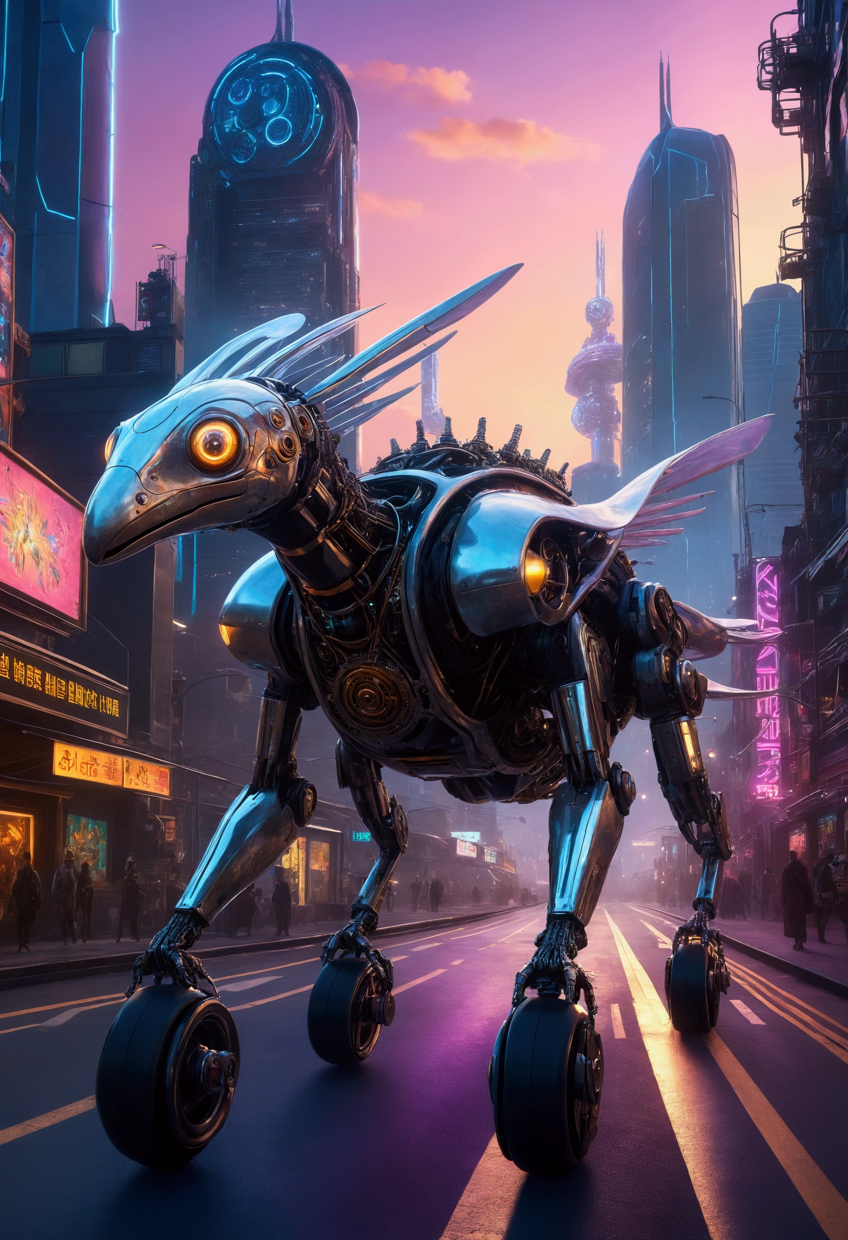 A hyperrealistic, 8k resolution image of a sleek, metallic mechanical creature gliding on glowing rollerblades through a cyberpunk cityscape. The creature has intricate gears and joints, with a silver and chrome body. The city is dominated by towering skyscrapers and vibrant neon lights. A twilight sky with flying drones and holographic advertisements creates a futuristic atmosphere. Focus on detail, steampunk