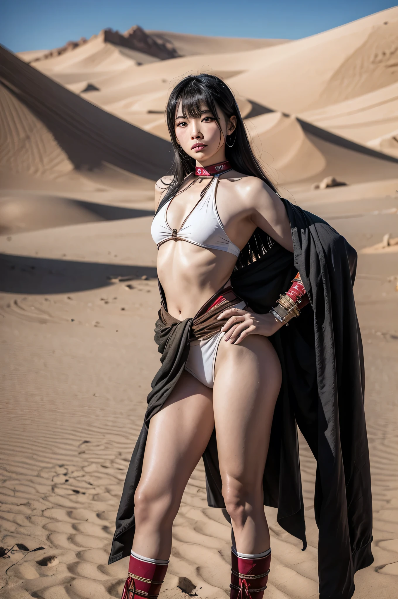 An Asian woman in the desert wearing the clothes of a savage warrior.