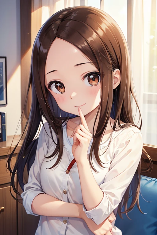 Takagi-san、Shiny brown hair, Long Hair,((Forehead、Center part))、 Beautiful brown eyes、smile、Sparkling eyes, (fine grain)、Very fine eye、Very detailedな顔, Very detailedな目,
Highest quality, Great quality, 16K, Unbelievably absurd, Very detailed, 2.5D, delicate and dynamic,
blue sky, Highest quality、High resolution、8k、cute、Panty shot