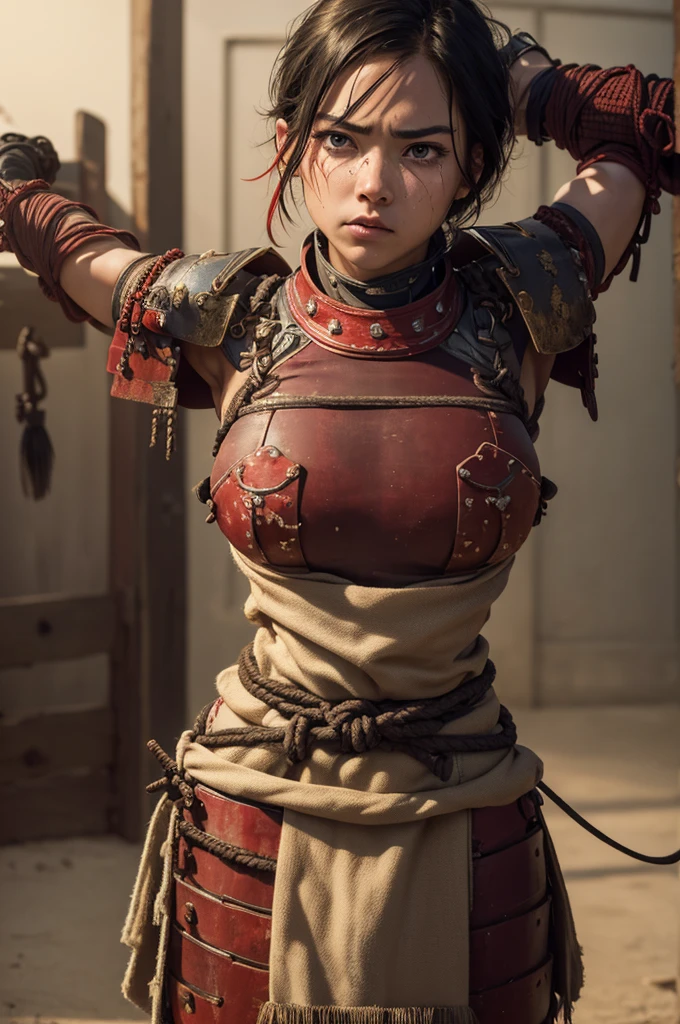 master piece, 8k, high quality, textured skin, anatomically correct,  perfect eyes, lock at view, a 18-year-old female, captive, ((red samurai armor, bondage, Tied up with rope)), (arms behind back:1.5), ((angry, brush, glare)), (teary-eyed:1.3) , so sweaty, semi nude, tomboy, gallant female, big breasts, short hair, scared on face