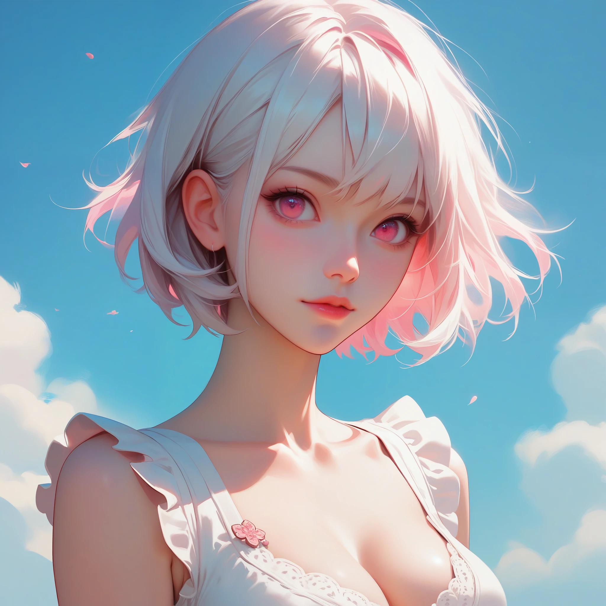 score_9, score_8_up, score_7_up,source_anime, high res image,masterpiece,best quality,girl,cute face,clear skin,white hair,short hair,pink eyes,inner_hair_pink,cleavage,
