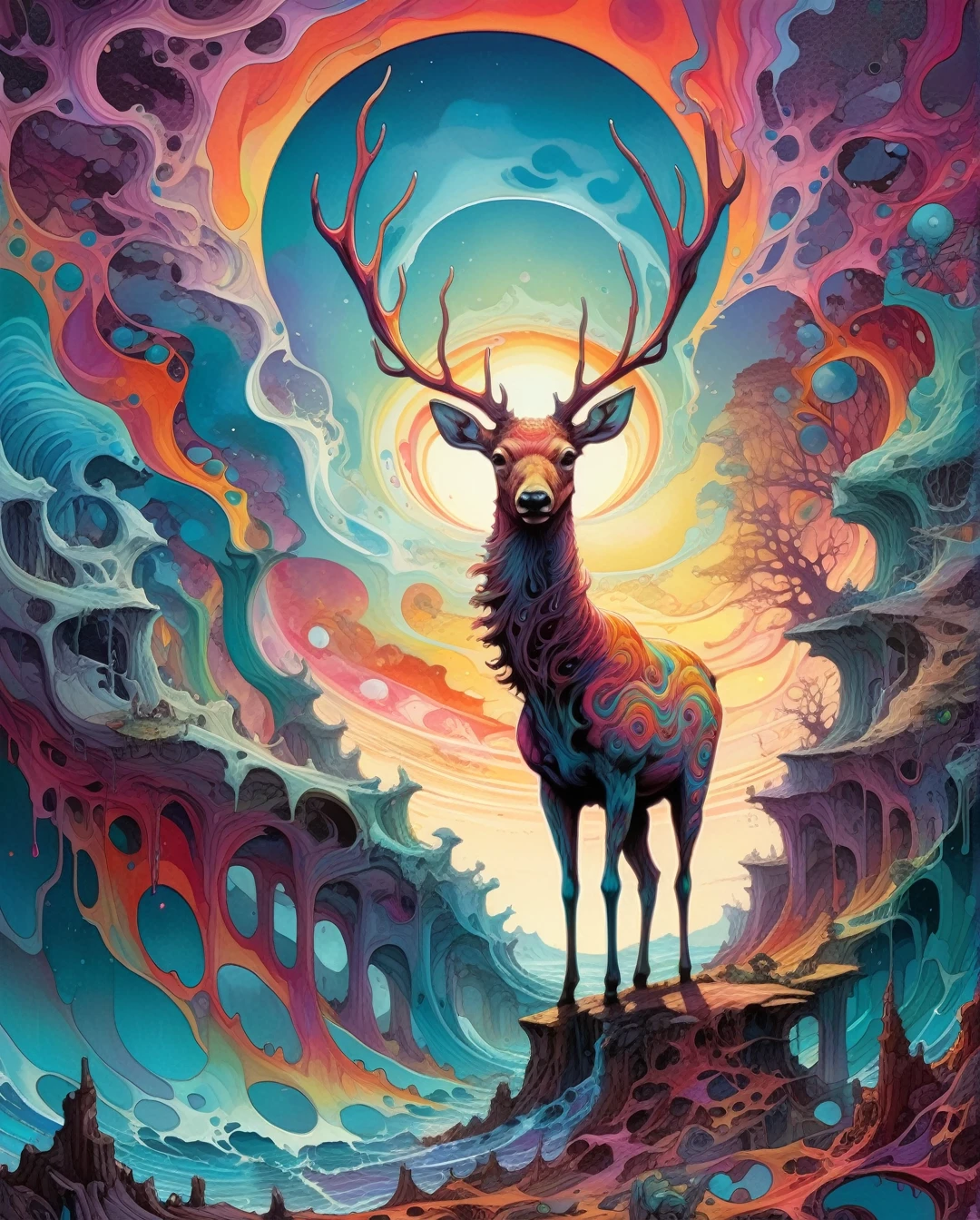 Mobis (Jean Giraud) Style - A picture by Jean Giraud Mobis,  (Psychedelic painting of a deer standing in front of a colorful swirl), ((multi-slit big antlers, stag, big head)), light and shadow, waves, multi-layered, foreground, distant view, fractal Thunder Dan Mumford, Dan Mount Ford and Alex Gray style, psychedelic surreal art, surreal psychedelic design, fantasy art style, illusion psychedelic art, infinite psychedelic waves, inspired by Cyril Rolando, Real ripple structure, psychedelic art style, psychedelic art, psychedelic illustration--V6