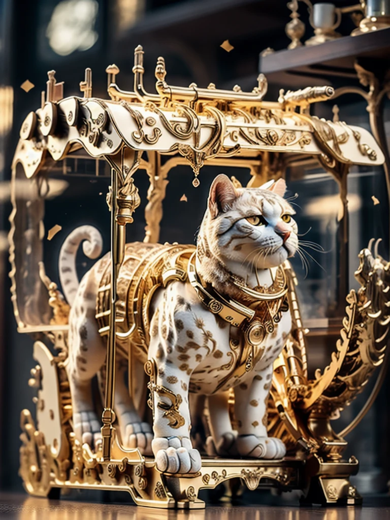 best quality, 8k, masterpiece, realistic, depth of field, long exposure, selective focus, low angle shot, IvoryGoldAI:1.2, combine between gundum and cat:1.3, sitting:1.2, full body, long exposure, complicated pattern derive from fur:1.2, white and gold mechanical cat:1.2, gears:1.2
