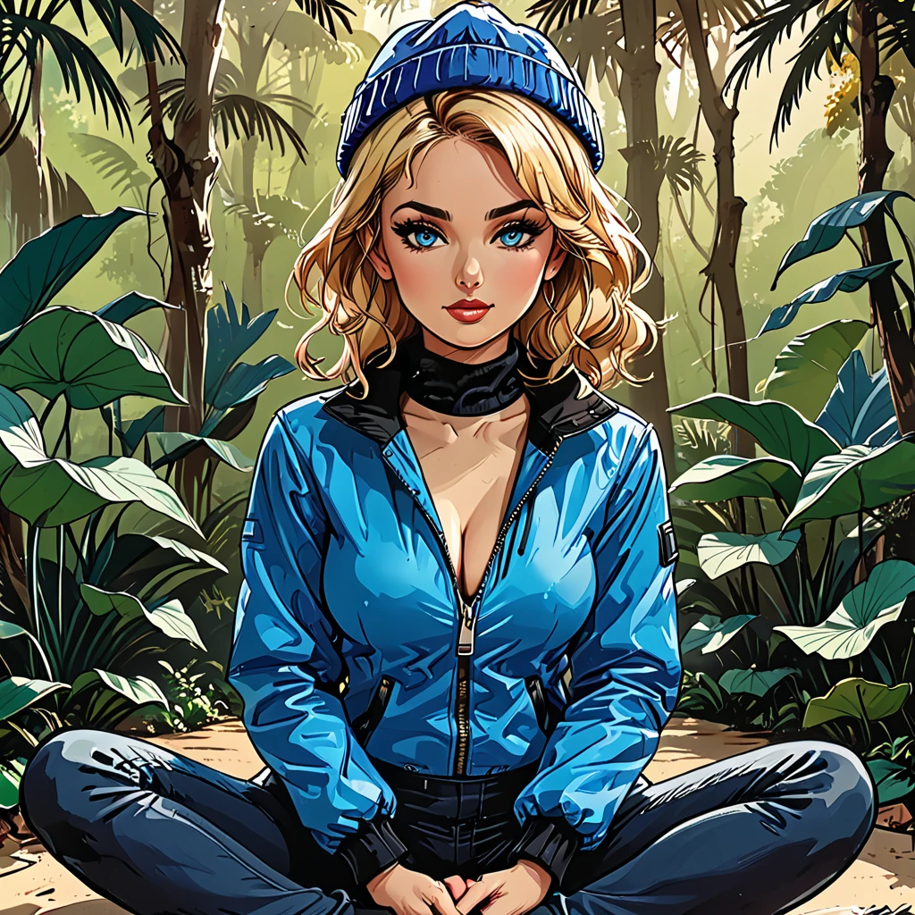 (fullbody), lotus pose,tropical green background, palm, tropical forest,((girl in Blue zipped up down winter jacket and black turtleneck )) and (jeans) and blue gloves and (((blue winter hat)))) in a lotus pose, adult, [Nordic], Hourglass elongated fitness body, perfect Olive skin, Oval Face, Long neck, Rounded shoulders, perfect hand, Attached Pointed ears, round forehead, (Short blonde Waves pixie hair), snub nose, Arched eyebrows, ((Monolid blue Eyes)), High Round Narrow cheekbones, Dimpled Cheeks, Rounded Chin, Rounded Jawline, Full nude Lips, (blue eyes), Nude Makeup Look, long eyelashes, third breast size, long slim fitness legs, graphic style of novel comics, perfect hands, 2d, 8k, hyperrealism, masterpiece, high resolution, best quality, ultra-detailed, super realistic, Hyperrealistic art, high-quality, ultra high res, highest detailed, lot of details, Extremely high-resolution details, incredibly lifelike, colourful, soft cinematic light,