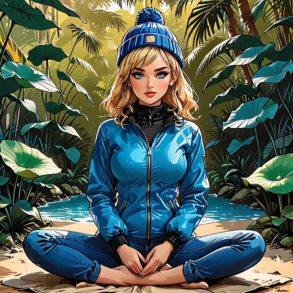 (fullbody), lotus pose,tropical green background, palm, tropical forest,((girl in Blue zipped up down winter jacket and black turtleneck )) and (jeans) and blue gloves and (((blue winter hat)))) in a lotus pose, adult, [Nordic], Hourglass elongated fitness body, perfect Olive skin, Oval Face, Long neck, Rounded shoulders, perfect hand, Attached Pointed ears, round forehead, (Short blonde Waves pixie hair), snub nose, Arched eyebrows, ((Monolid blue Eyes)), High Round Narrow cheekbones, Dimpled Cheeks, Rounded Chin, Rounded Jawline, Full nude Lips, (blue eyes), Nude Makeup Look, long eyelashes, third breast size, long slim fitness legs, graphic style of novel comics, perfect hands, 2d, 8k, hyperrealism, masterpiece, high resolution, best quality, ultra-detailed, super realistic, Hyperrealistic art, high-quality, ultra high res, highest detailed, lot of details, Extremely high-resolution details, incredibly lifelike, colourful, soft cinematic light,
