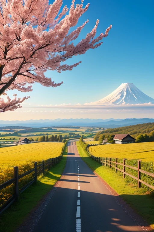 a view of a road with a tree in the middle, Blooming path to heaven, a Beautiful landscape, very beautiful landscape, countryside in japan, beautiful landscape, very very beautiful landscape, very very very beautiful landscape, the most Beautiful landscape, Beautiful landscape, peaceful landscape, anime countryside landscape, perfect landscape, leading to a beautiful, Perfect spring day walking along the path the dog ahead playing excitedly, pet in sight on the road, masterpiece