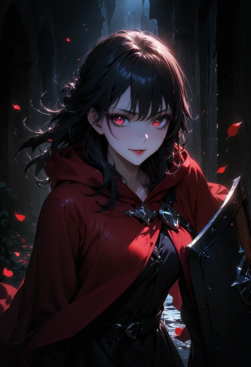 upper body portrait, 1girl, solo, (holding weapon), (sword and shield), (long black hair), detailed face, mischief, smirk, pale white skin, red eyes, (detailed eyes), long eyelashes, black eye liner, red lipstick, black tunic, (red hoodie cloak), long dress, leather glove, (walking pose), walking, moonlight, hard lighting, blue light, cold light, ((rose pedals falling)), (medieval theme), ((masterpiece)), super detailed, best quality, POV, dw01-3400