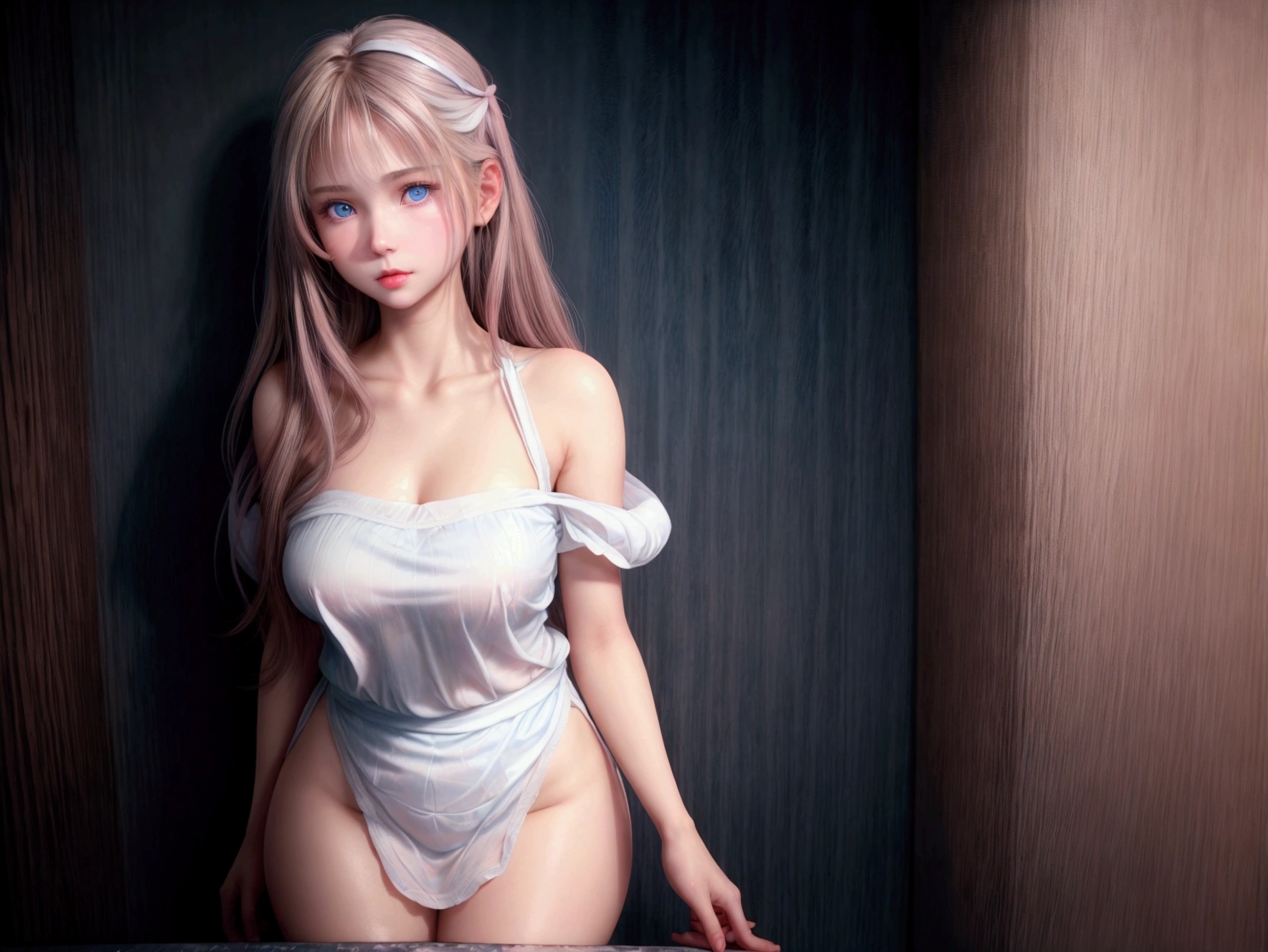 1 girl,(highly detailed skin),crooked,,beautiful胸,big breasts,pale skin,pointed chest,erect nipples,(fantasy art,best image quality,surrealist portrait,(8K),Super realistic,最high quality, high quality, High resolution, high quality texture,high detail,beautiful,Detailed,Very detailed CG,Detailedテクスチャー,realistic expression of face,masterpiece,sense of presence,dynamic,bold),bob hair,(super thin hair),(super soft hair),(ultra straight hair:1.5),long flowing bangs,extra light coppery amber hair,hair above one eye、全naked、naked、naked体、All nude、full nude、not wearing clothes、big breasts、show off your cleavage、Show pink nipples、perfect proportions、perfect beauty、smiling、gentle smile、sexy look、sex appeal、pheromones、young woman、cherry blossom princess、I、Two-dimensional beautiful girl