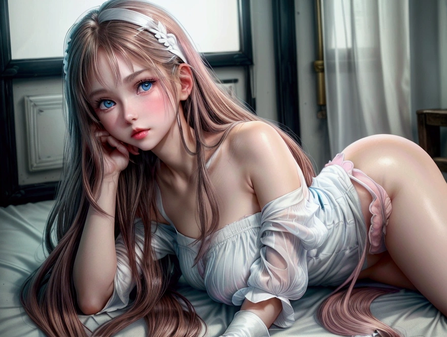 Juvenile and cute girl , white and clear but ruddy skin, thin and lovely face, large, slightly shiny light blue eyes, pink lips, wearing a loose white shirt that goes to the thighs, very long, slightly wavy brown hair, shy and a little nervous expression.