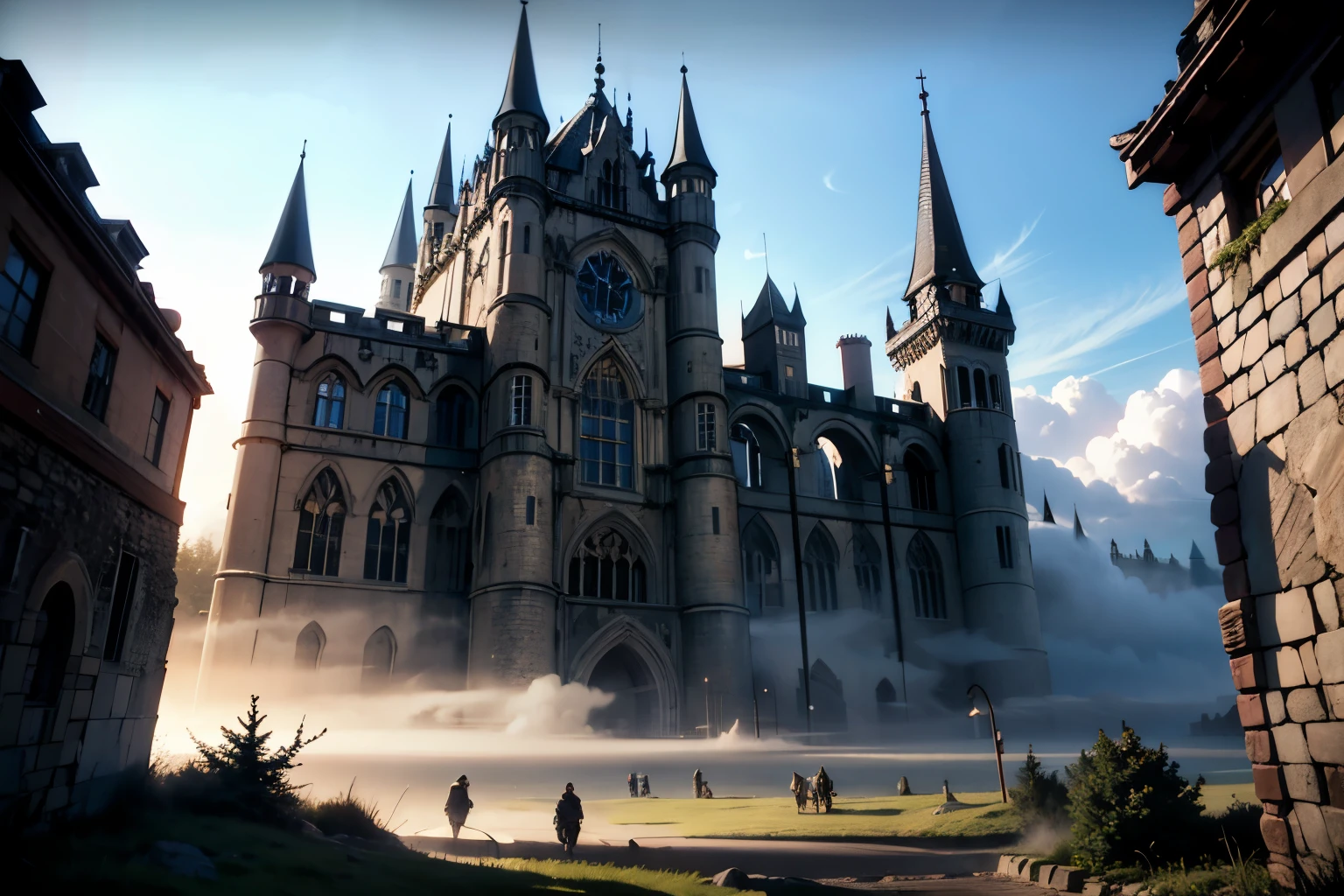 a medieval castle, old stone castle, gothic architecture, turrets, battlements, drawbridge, moat, towers, arched windows, medieval era, fantasy, cinematic lighting, dramatic shadows, mist, fog, cloudy sky, atmospheric, (best quality,4k,8k,highres,masterpiece:1.2),ultra-detailed,(realistic,photorealistic,photo-realistic:1.37), cinematic, epic, detailed environment, highly detailed textures, volumetric lighting, dramatic mood, mystical, brooding, (intricate details:1.2), (depth of field:1.1)