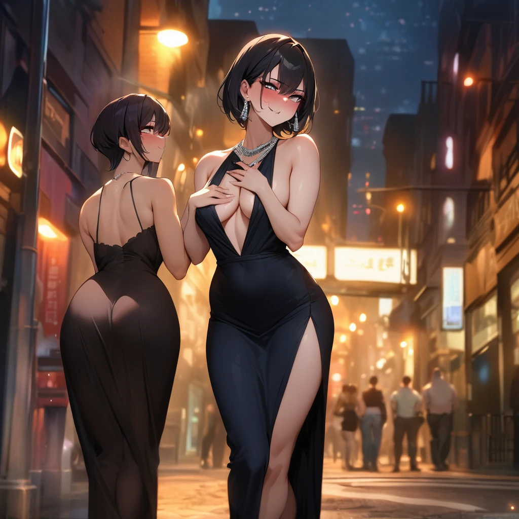 masterpiece, best quality, very aesthetic, absurdres, female, shoulder length black hair, cool facial expression, tall and curvy physique, black hair:1.2, cool face:1.2, short hair:1.3, extremely revealing black dress, high heels, heavy seductive makeup, silver earrings, bold necklace, nighttime, city street, seductive posture, heavily blushing, lustful smile, inviting eyes, soft glow of streetlights, urban background, suggestive atmosphere, approaching a man, whispering, hand on his chest, looking for clients

