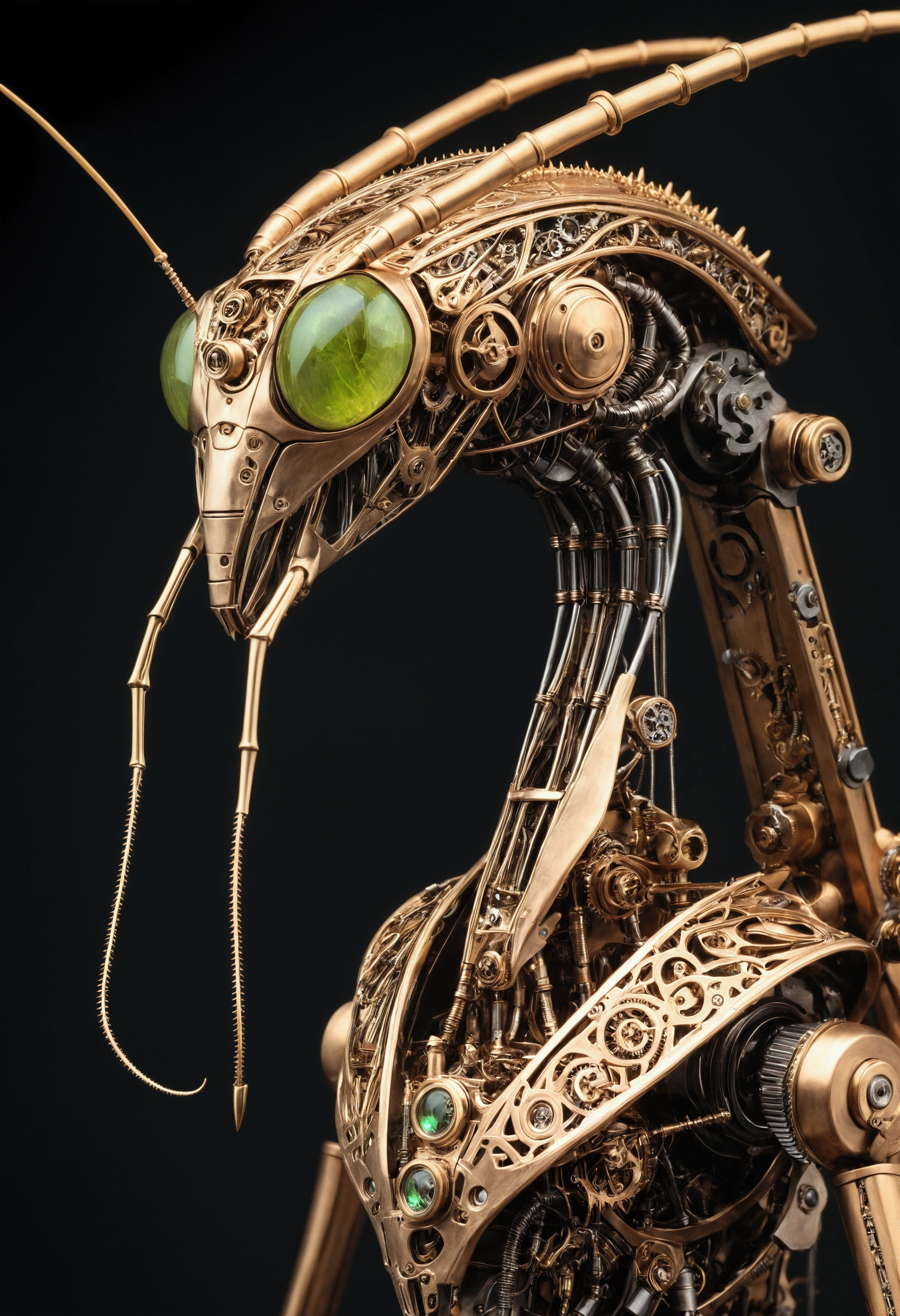 A hyperrealistic, 8k resolution image of a sleek, metallic mechanical creature gliding on glowing rollerblades through a cyberpunk cityscape. The creature has intricate gears and joints, with a silver and chrome body. The city is dominated by towering skyscrapers and vibrant neon lights. A twilight sky with flying drones and holographic advertisements creates a futuristic atmosphere. Focus on detail, 