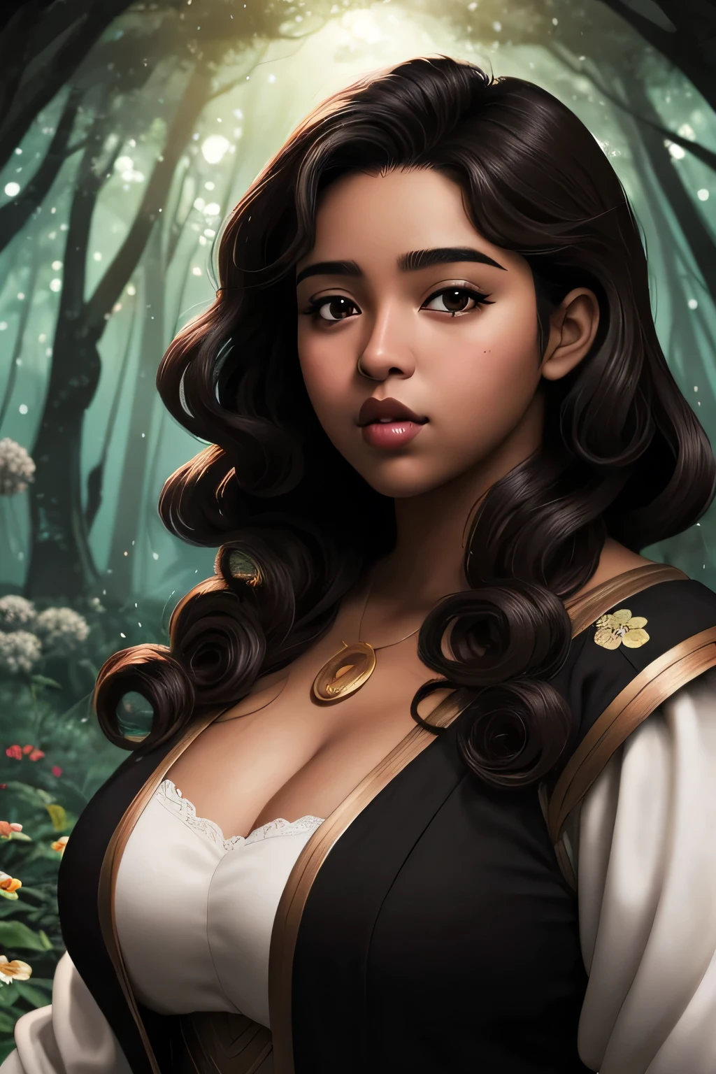 Anime illustration semi-realistic of brown skin latina girl, 25 year old, plus size, curvy, overweight, black eyes, black curly hair, big lips, anime, sleek design, brown skin, sideswept curly hairstyle, round face, fantasy mage clothing, flower forest background, dynamic light,