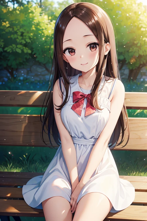 Takagi-san、Shiny brown hair, Long Hair,((Forehead、Center part))、 Beautiful brown eyes、smile、Sparkling eyes, (fine grain)、Very fine eye、Very detailedな顔, Very detailedな目,
Highest quality, Great quality, 16K, Unbelievably absurd, Very detailed, 2.5D, delicate and dynamic,
blue sky, White mini dress、cute、sitting on a park bench。Panty shot