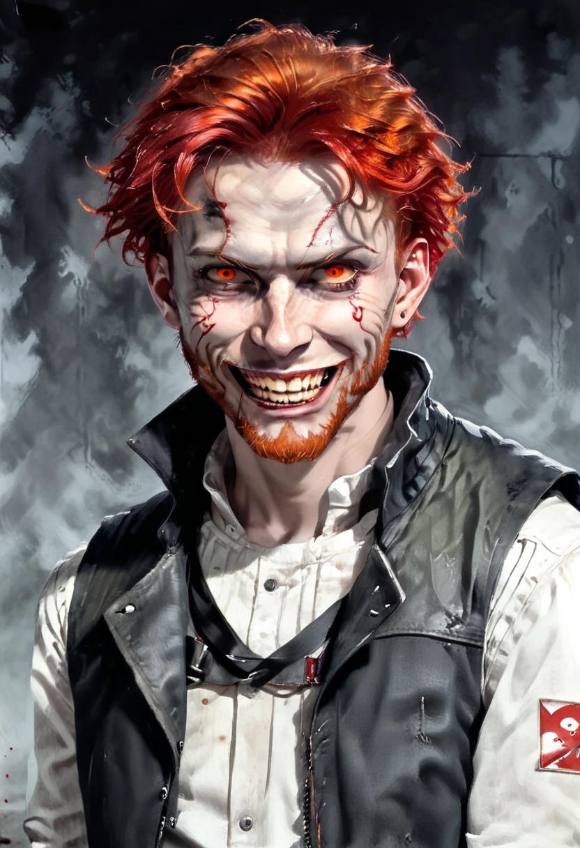 Young man of 25 years with short and red hair, he has red eyes, he has extremely white and pale skin. He has a light beard shaved to the chin. He wears a sleeveless jacket and he wears ranger shoes. He has a scary smile. It has two abnormally pointed canines. It has black veins that are apparent on its arms. Face shows cruel air [Young man, 25 years old] [Red hair and course] [Red eyes] [Light beard shaved to chin] [Smile of vampire] [Cruel look] Medium shot 8K Photorealist style