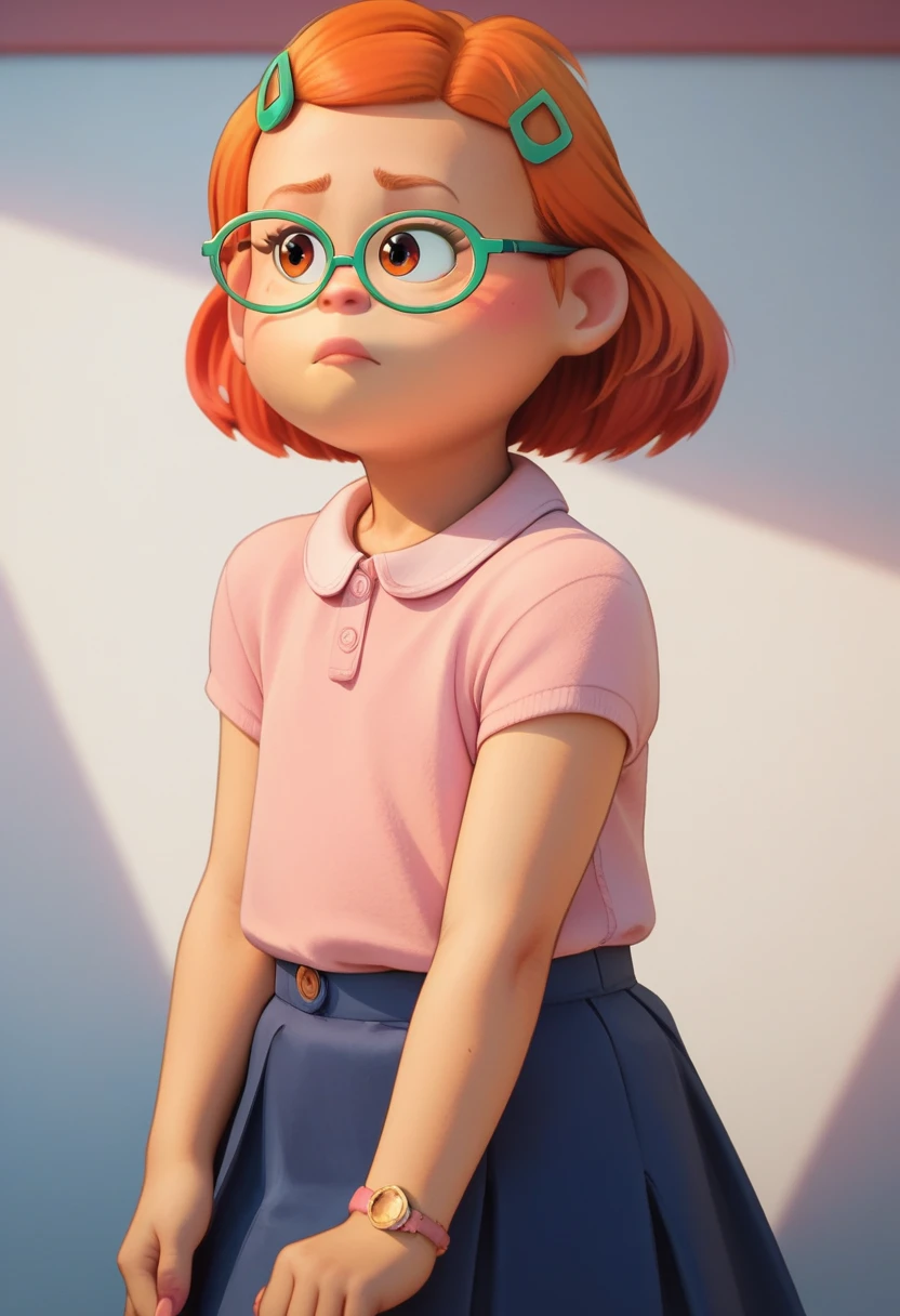 meilinlee pink shirt blue skirt green hairclips glasses orange hair