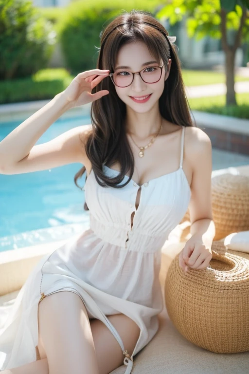 Highest quality、masterpiece、High sensitivity、High resolution、Detailed Description、Slender women、Glasses、Summer clothes、With a smile、punch、Pause、