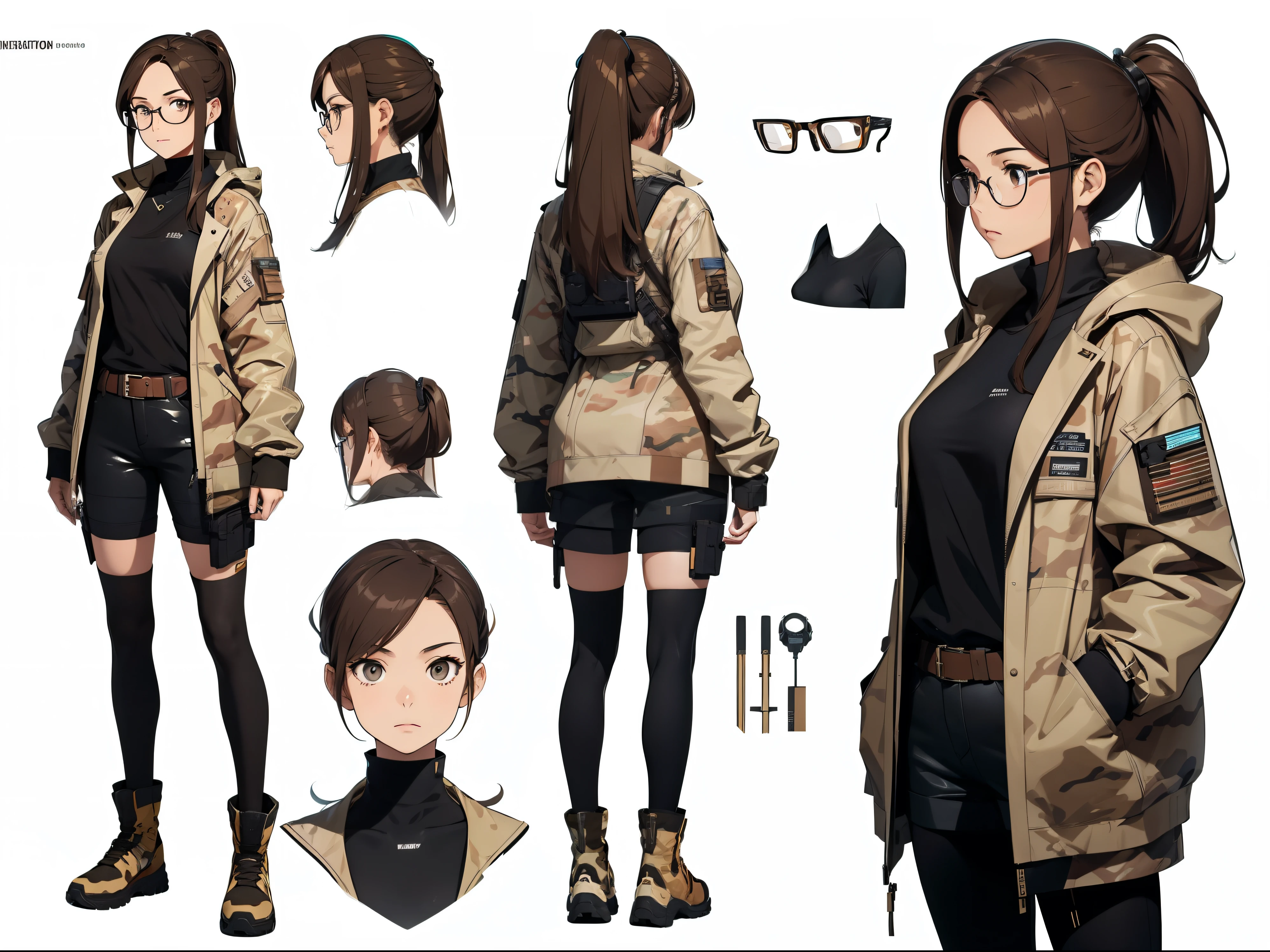 A woman, 20 years old, long brown hair, ponytail, High boots, Aesthetic body, fashionable, scientist, scientist clothes, White coat, Desert camouflage, Brown vest, shorts, Futuristic, Glasses, Cleavage, Technology equipment, Various angles, (front, retreat, side), Character table, Model Table, Reference table.