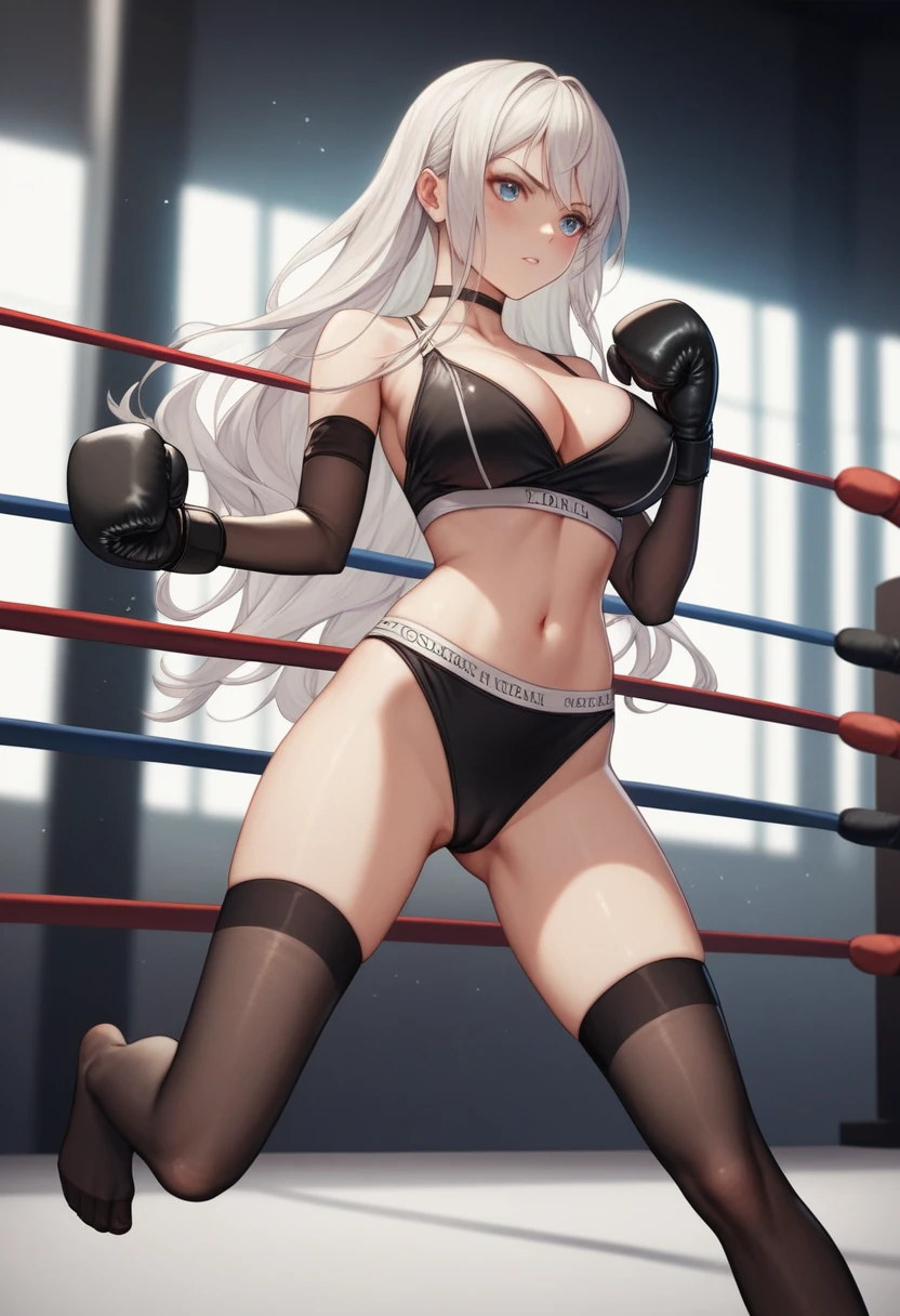 A slim beautiful girl,Good shape,Pretty Face,detailed picture, blush,White long hair,wearing boxing attire,Wearing black suspender stockings,No shoes,Wearing black boxing gloves,Wearing black sleeves,Perform a high whip kick while standing in the boxing ring,Large Breasts,Cleavage,Thin legs,nipple,Camel toe,Sole