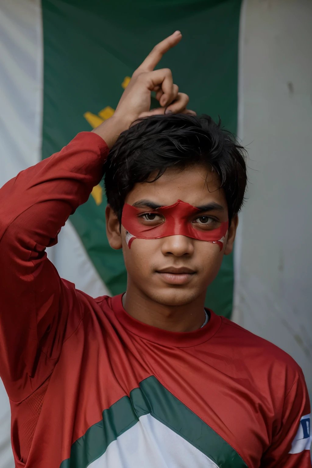 A 25-year-boy in front of the Bangladeshi flag on the back.Wearing the jersey of Bangladesh. The jersey has' S.I NOYON' Written in English and face and eyes are covered in red cloth.