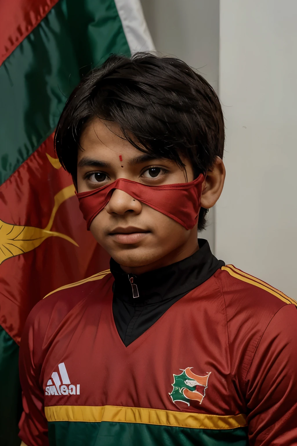 A 25-year-boy in front of the Bangladeshi flag on the back.Wearing the jersey of Bangladesh. The jersey has' S.I NOYON' Written in English and face and eyes are covered in red cloth.