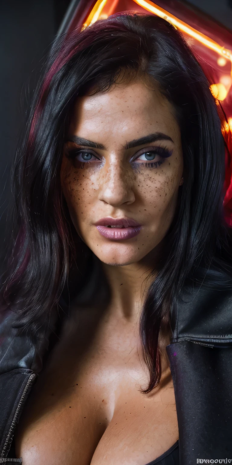 (best quality, hyperdetailed photography:1.2), beautiful lady, freckles, dark makeup, soft light, head and breast portrait, cover, (detailed beautiful face, detail skin texture, ultra-detailed body:1.1) ,((massive perfect breast)), ((snoopy breast:1.1)),((cyberpunk warrior:1.0)), strong body, red black hair, dark yellow eyes,,,,((long open black coat)), ((dark neon lights)),, ((sexy dress)),, Deep cleavage,
